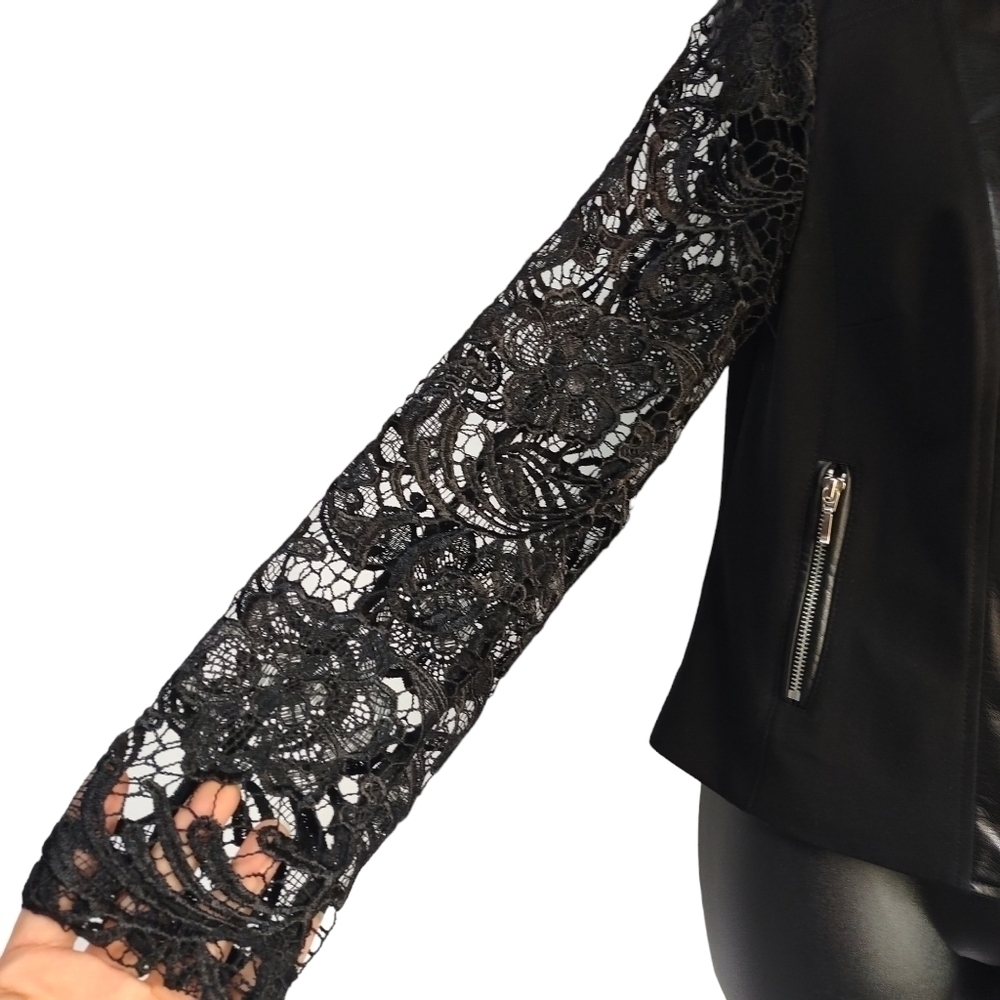 International Concepts Women's Black Faux Leather Long Lace Sleeve Jacket Sz S - Picture 8 of 12